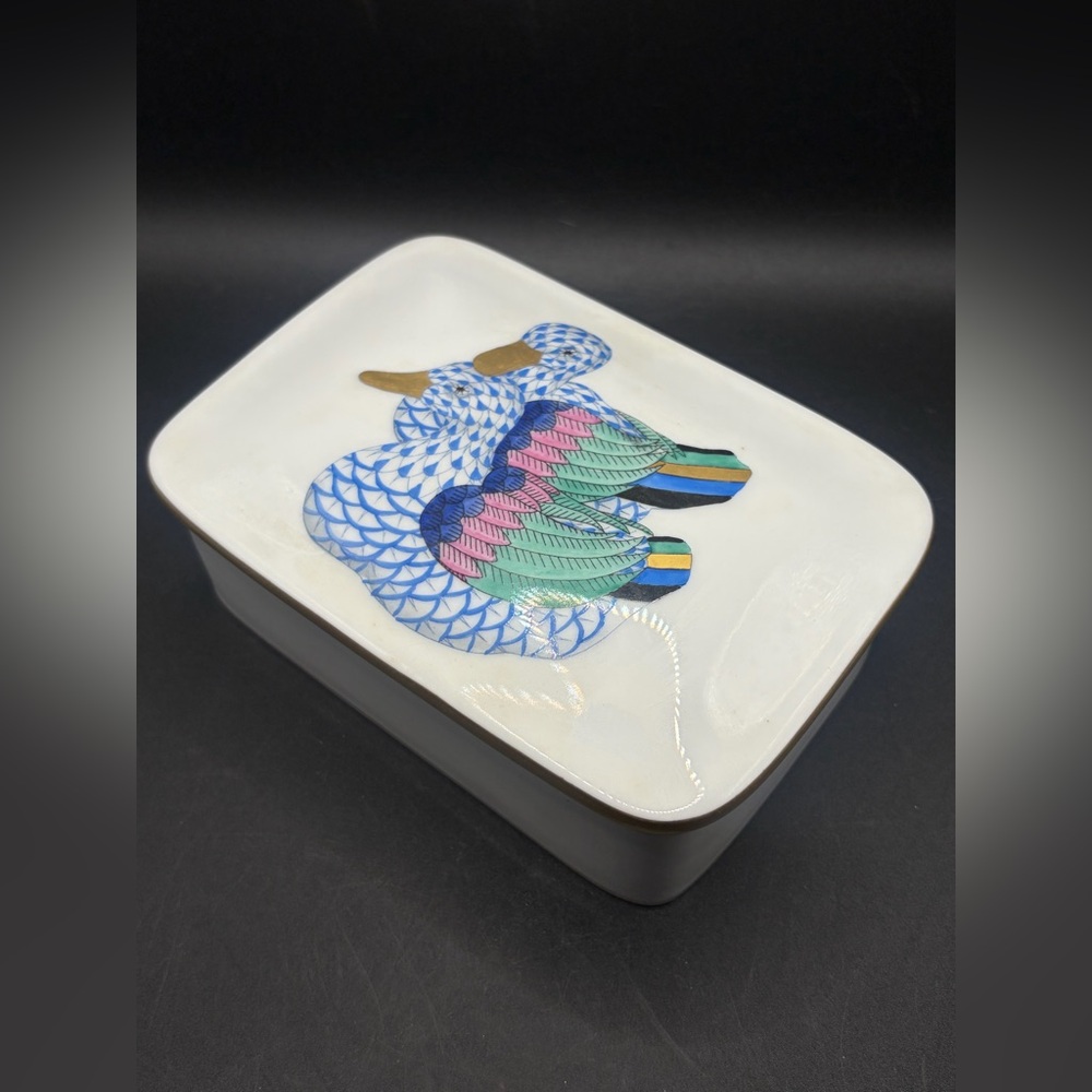 Herend Hungary First Edition Hand Painted Double Duck Porcelain Trinket Box